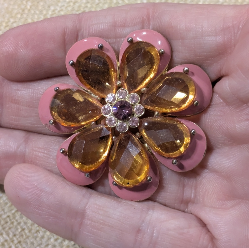 Vintage Unsigned Pink Enamel Orange Rhinestone Flower Brooch Pin Retro Floral